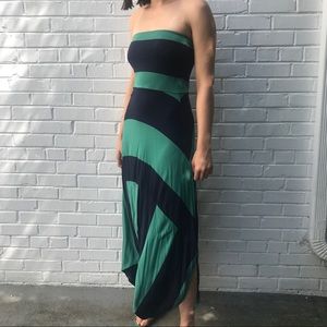 Navy blue green striped swimsuit coverup maxidress